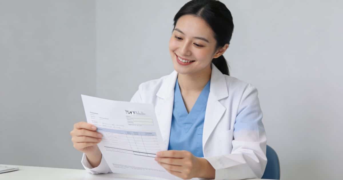 Assistante dentaire souriante consulte sa fiche de paie