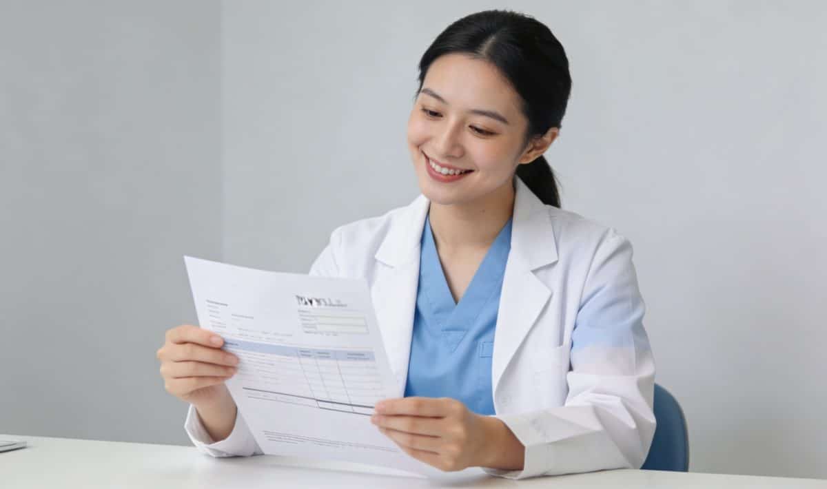 Assistante dentaire souriante consulte sa fiche de paie