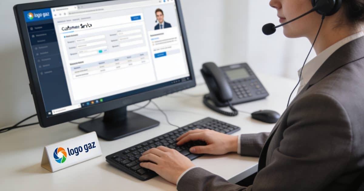 conseiller telephonique assis devant ordinateur, logo gaz