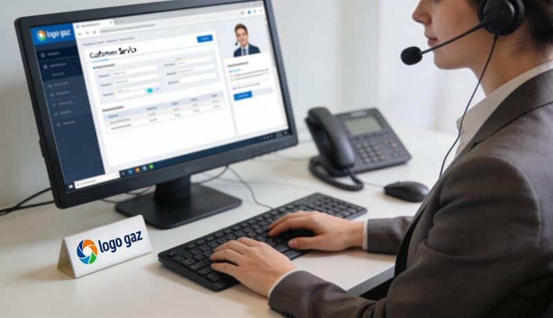 conseiller telephonique assis devant ordinateur, logo gaz