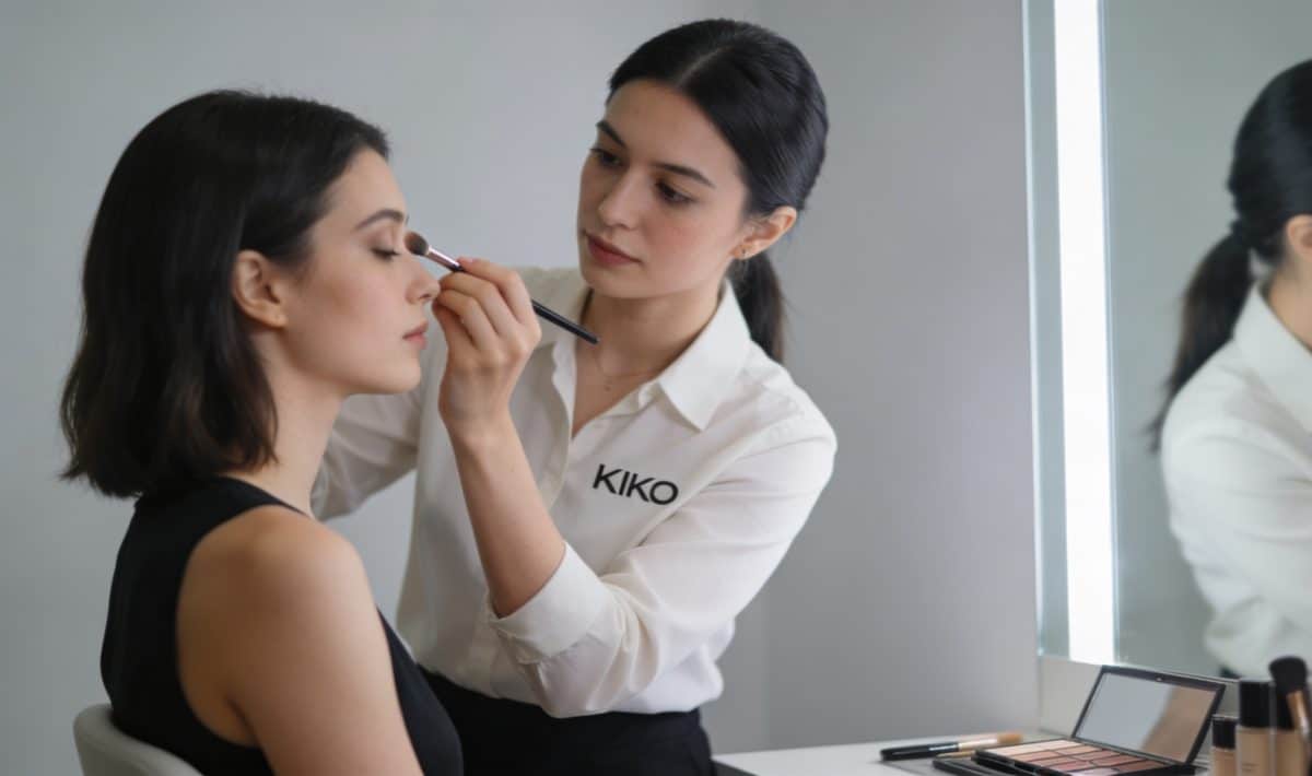 conseillere kiko maquille cliente assise devant miroir