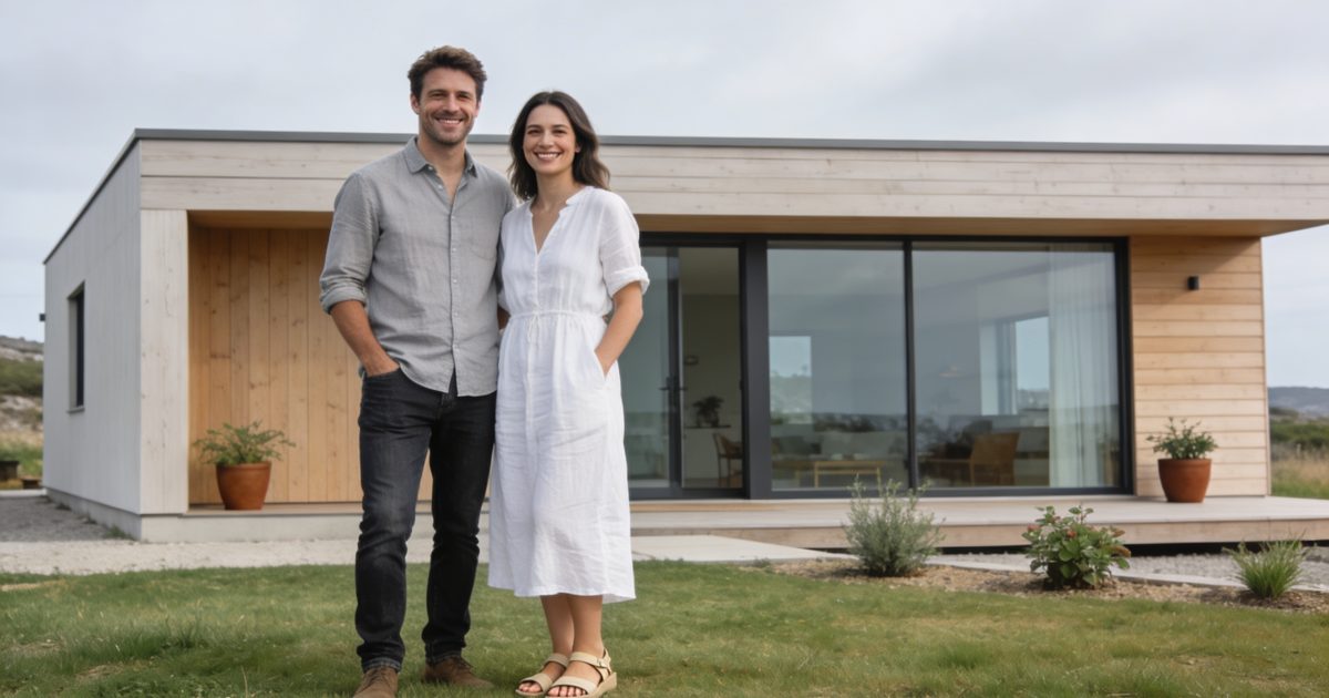 Couple souriant devant residence de vacances moderne