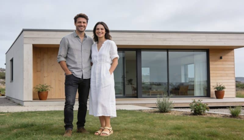 Couple souriant devant residence de vacances moderne