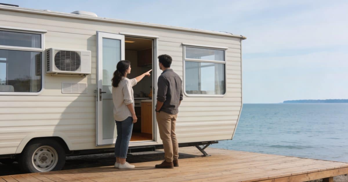 Couple visite mobil home climatise face a la mer
