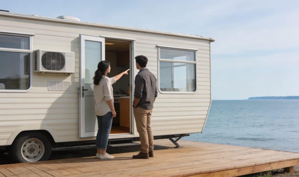 Couple visite mobil home climatise face a la mer