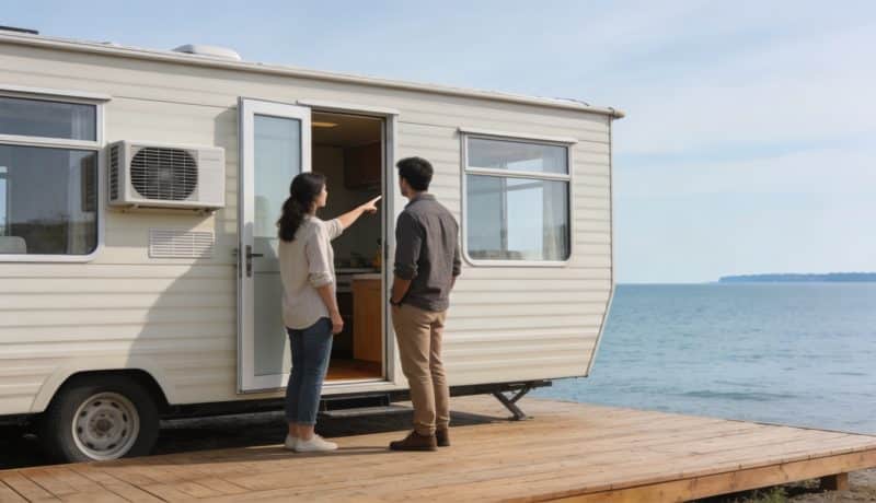 Couple visite mobil home climatise face a la mer