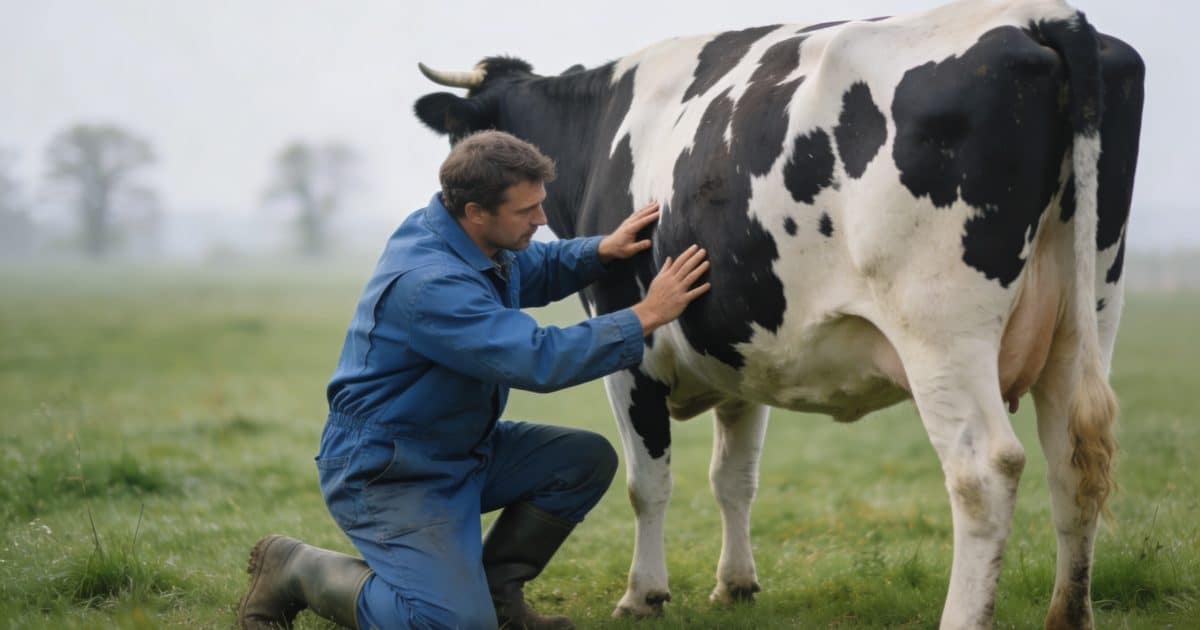 eleveur examine une vache tachetée dans un pré
