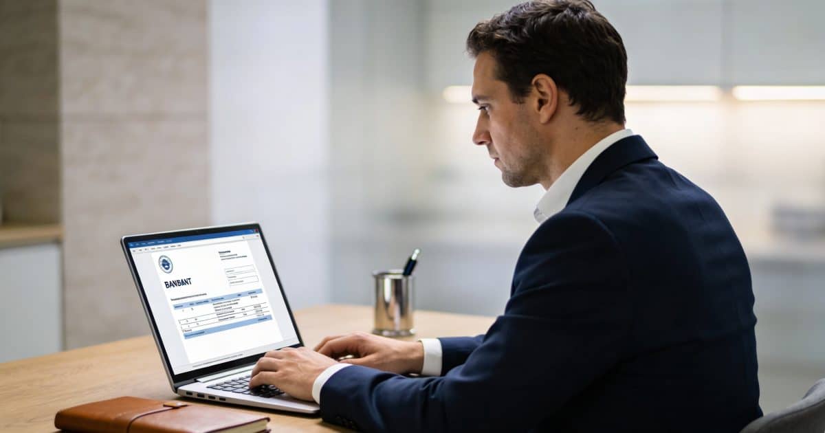 employe francais assis au bureau consultant son compte en ligne