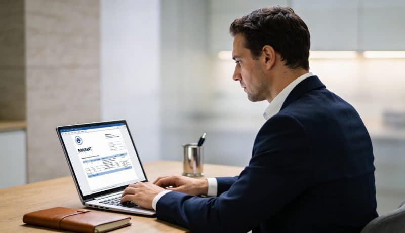 employe francais assis au bureau consultant son compte en ligne