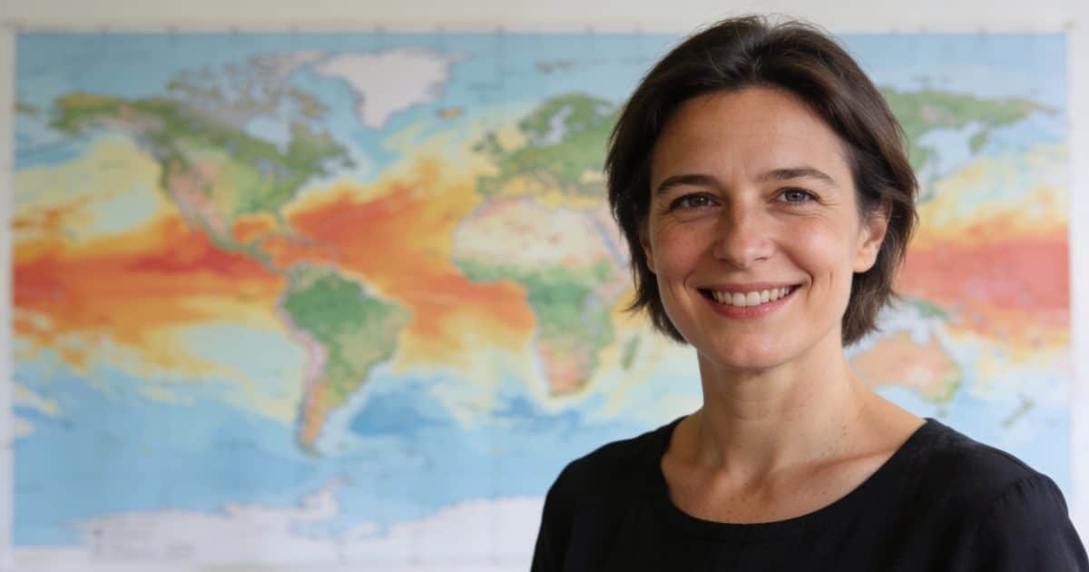 Evelyne Dheliat souriante devant cartes meteo colorées