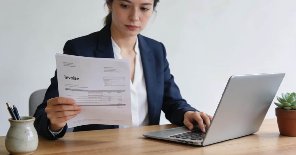 femme assise au bureau consultant facture en ligne