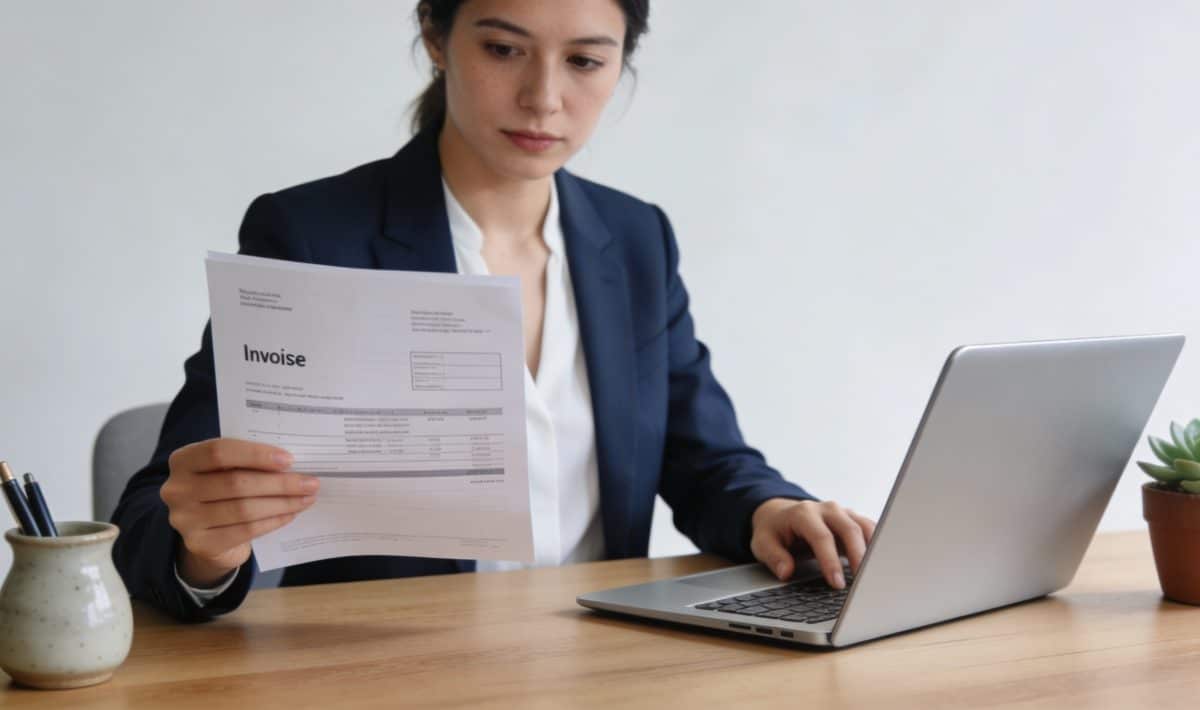femme assise au bureau consultant facture en ligne