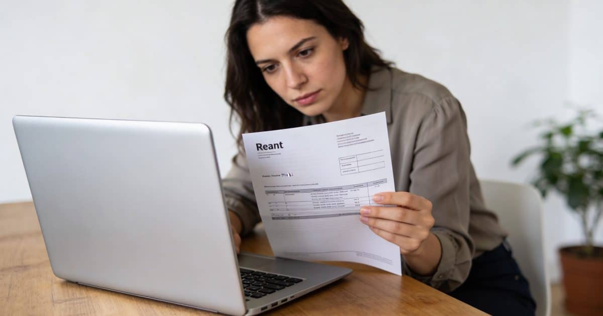 Femme assise devant ordinateur examinant facture de loyer