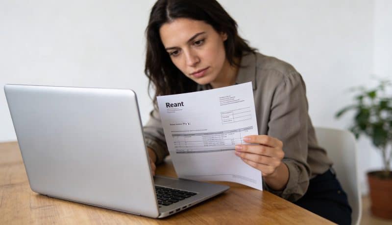 Femme assise devant ordinateur examinant facture de loyer