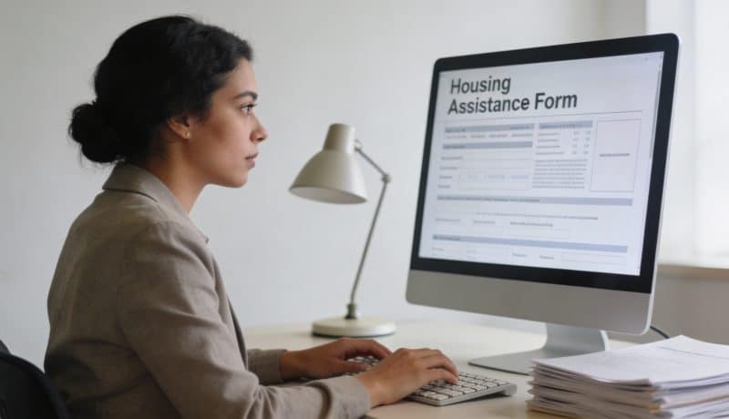 femme assise devant ordinateur remplissant formulaire aide logement