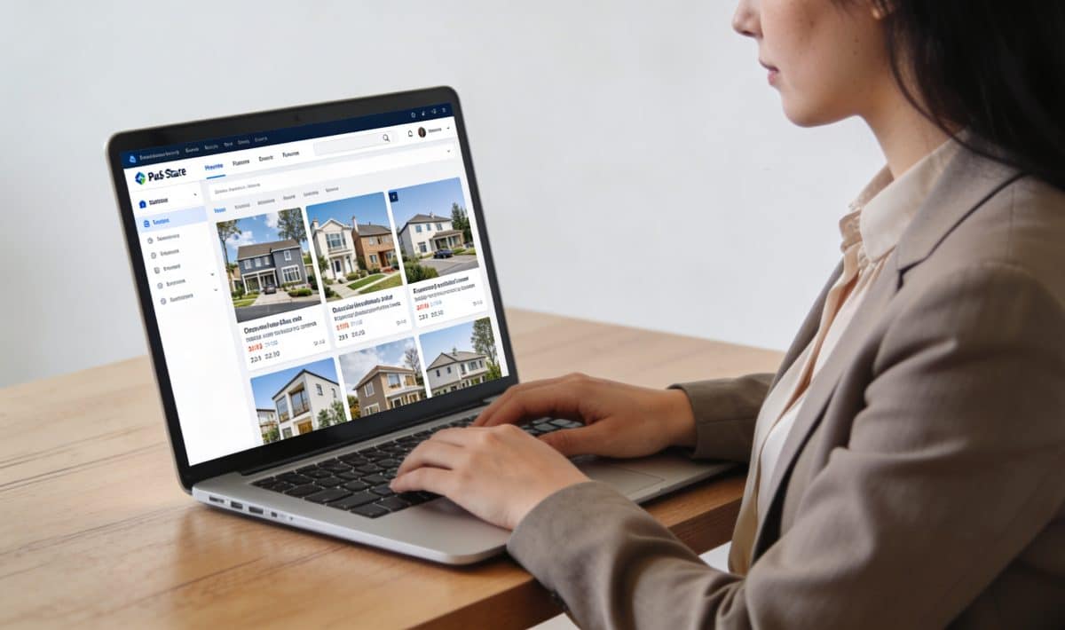femme assise devant ordinateur consultant portail immobilier