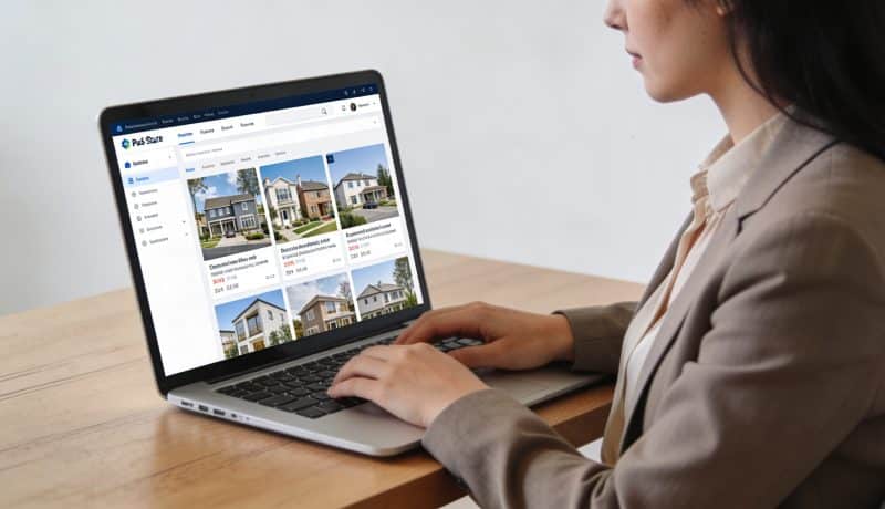 femme assise devant ordinateur consultant portail immobilier