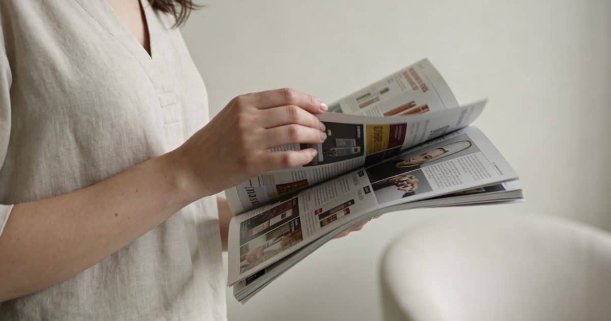 femme feuilletant un magazine rempli de publicites