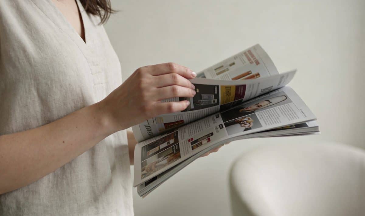 femme feuilletant un magazine rempli de publicites