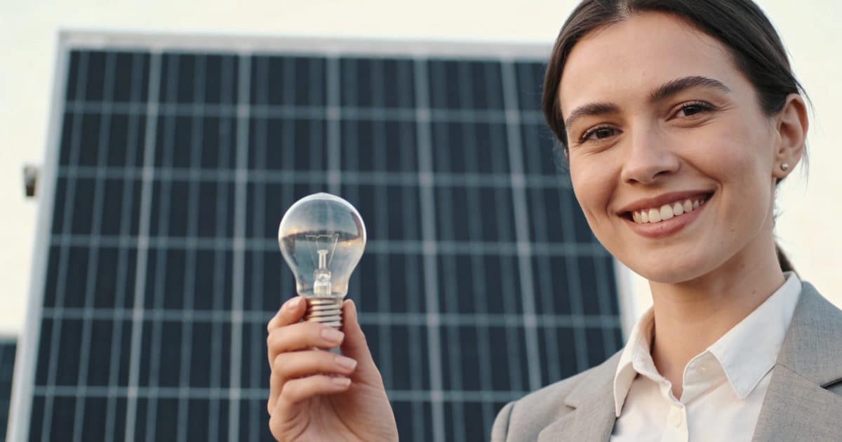 femme souriante tenant ampoule devant panneaux solaires