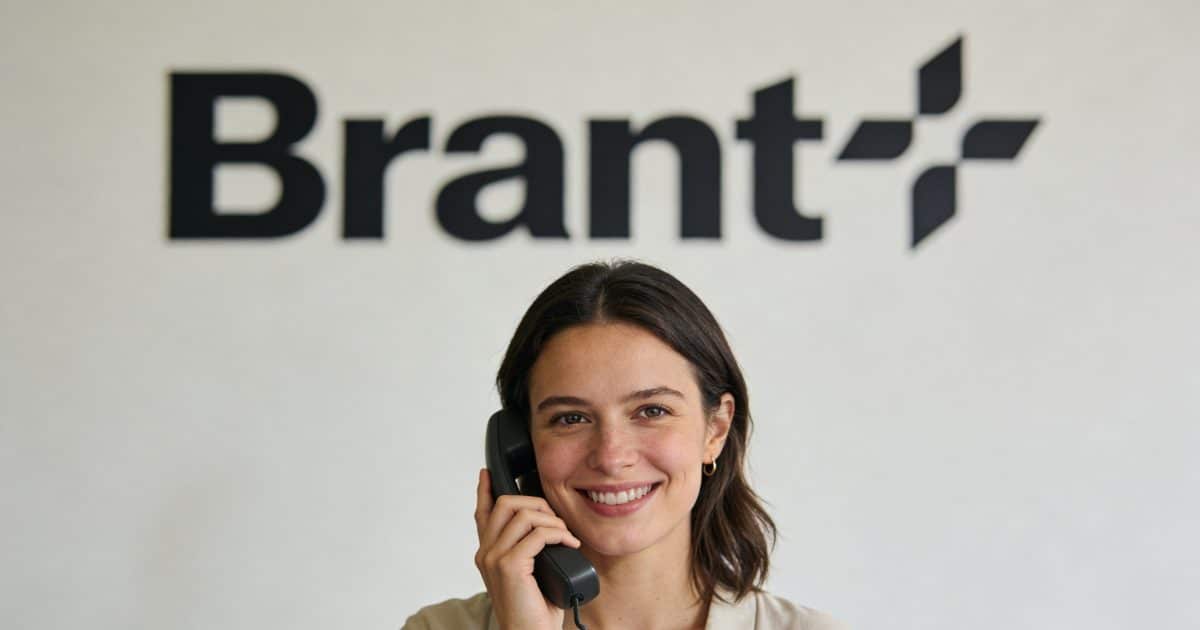 femme souriante au telephone devant logo brandt