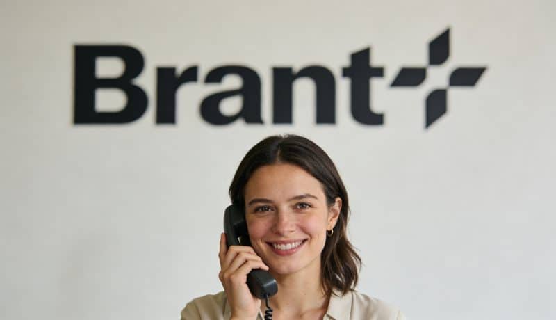 femme souriante au telephone devant logo brandt