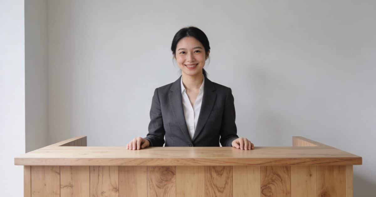 Grand comptoir en bois clair avec vendeuse souriante