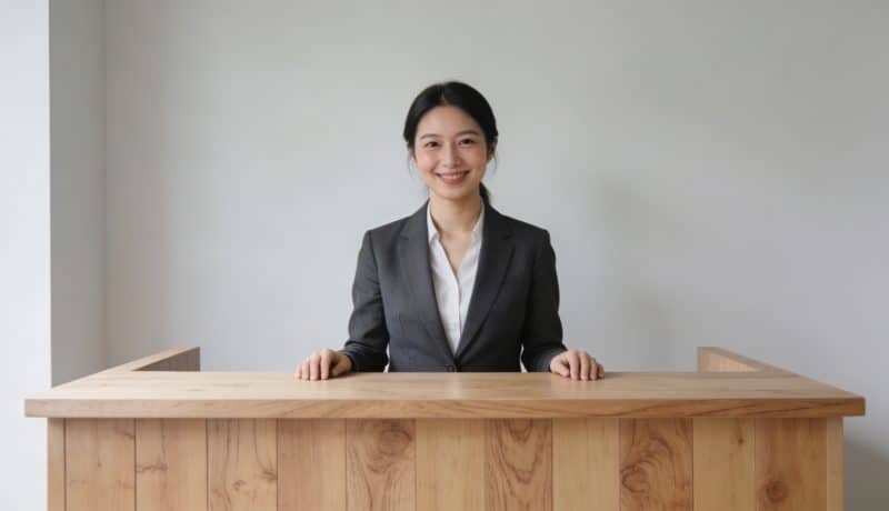 Grand comptoir en bois clair avec vendeuse souriante