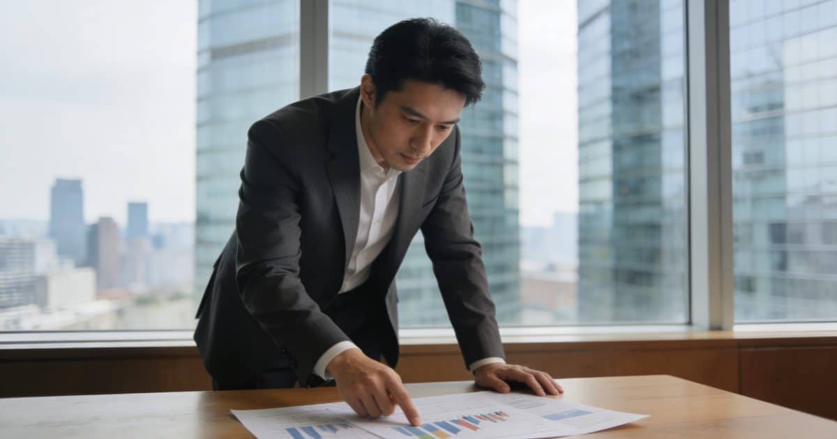 Homme d affaires penche sur graphiques fiscaux et tours de bureaux