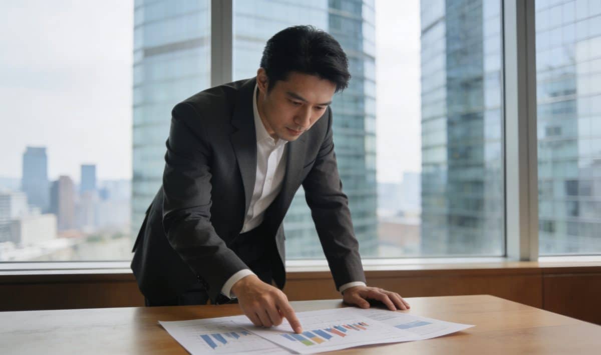 Homme d affaires penche sur graphiques fiscaux et tours de bureaux