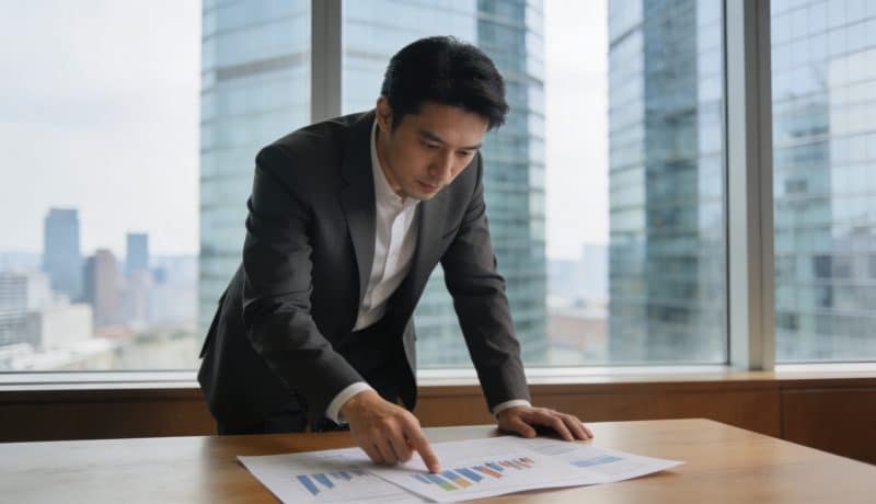 Homme d affaires penche sur graphiques fiscaux et tours de bureaux