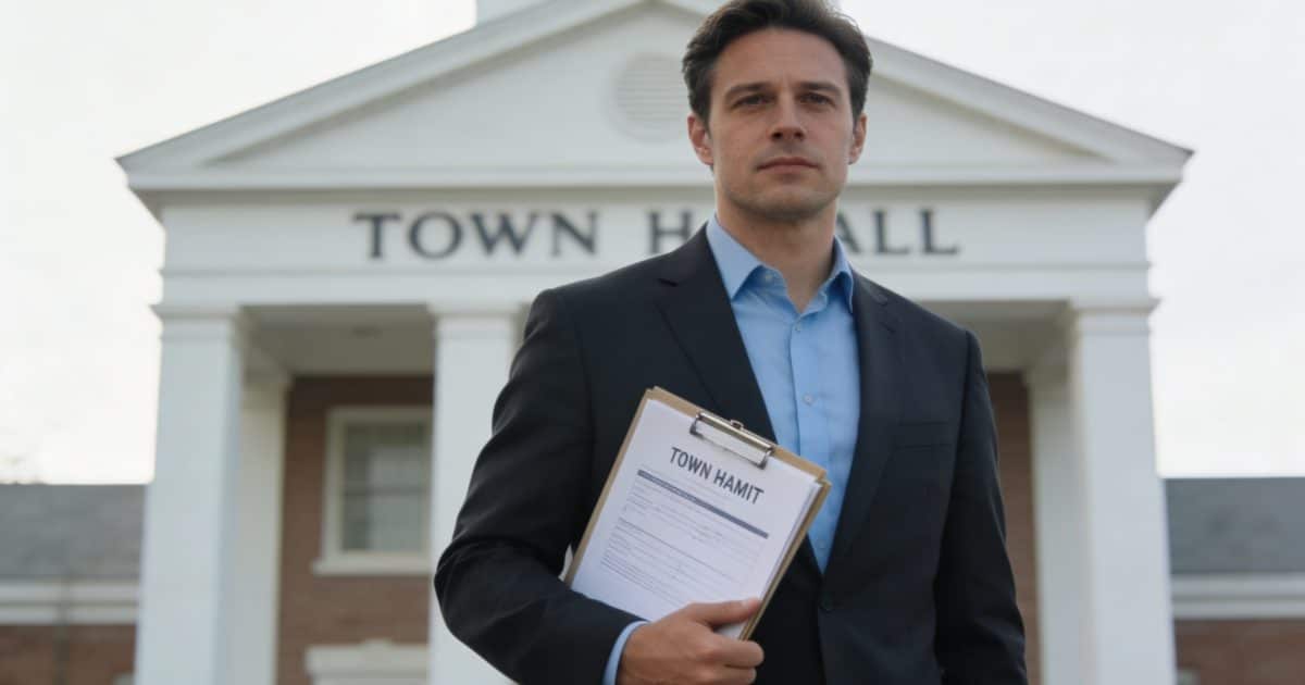 Homme debout devant mairie tenant dossier de permis
