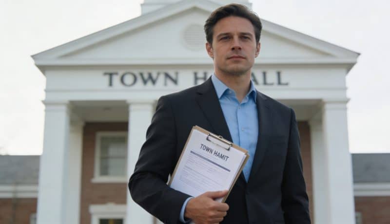 Homme debout devant mairie tenant dossier de permis