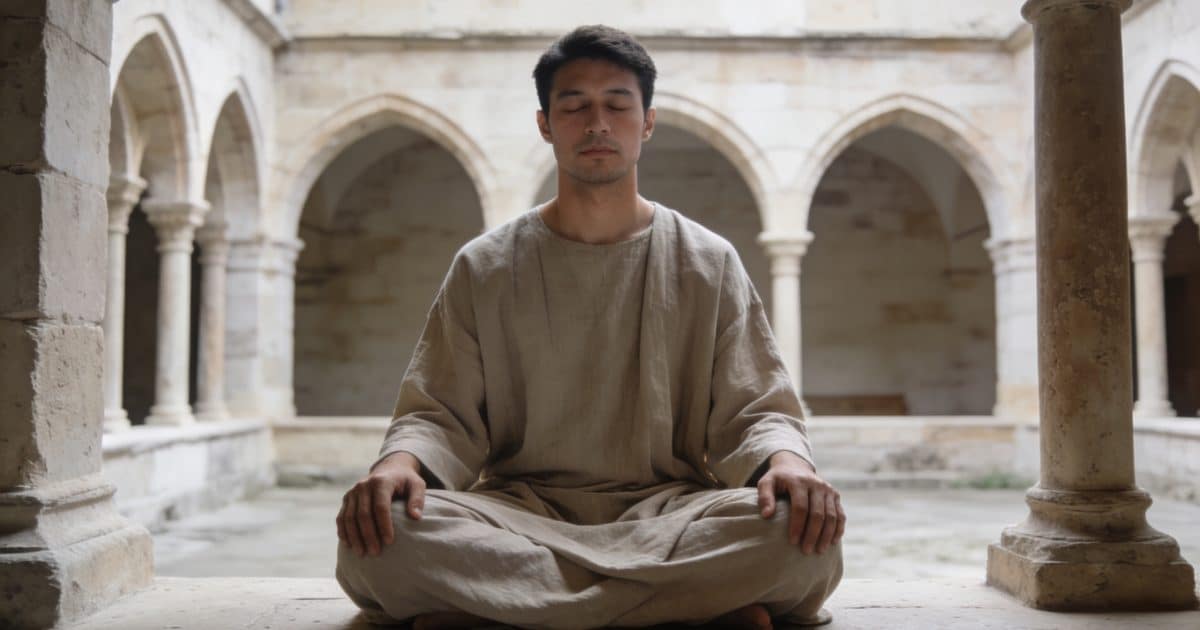 Homme meditant assis en robe simple dans cloître