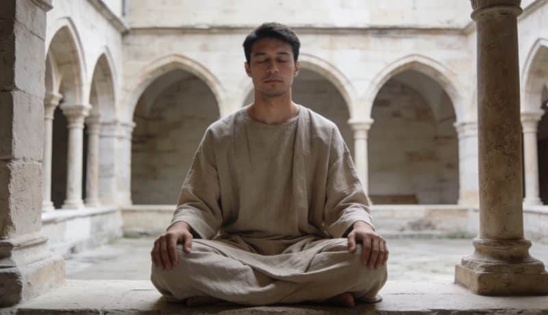 Homme meditant assis en robe simple dans cloître
