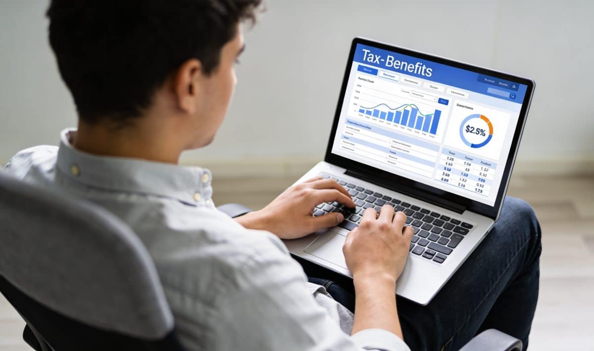 Jeune adulte assis devant ordinateur affichant calcul allocation