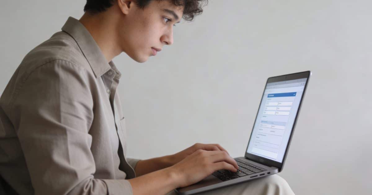 jeune adulte assis devant ordinateur remplissant formulaire aide