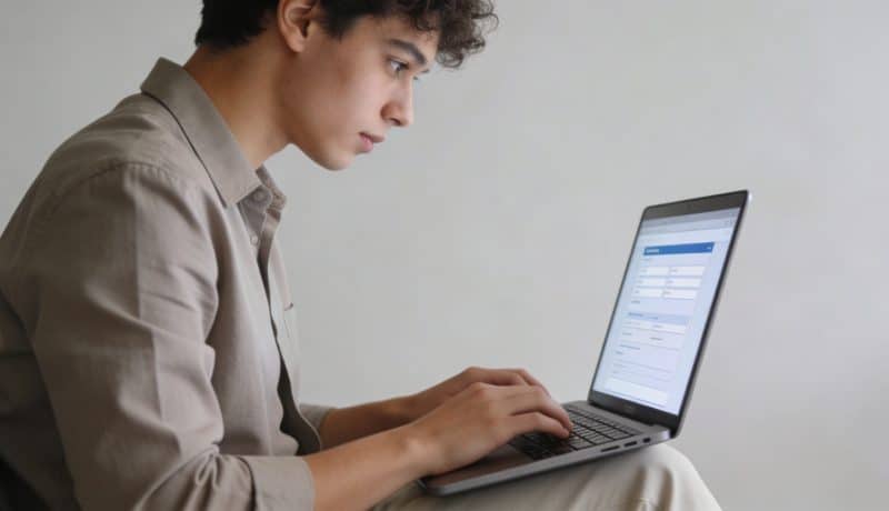 jeune adulte assis devant ordinateur remplissant formulaire aide