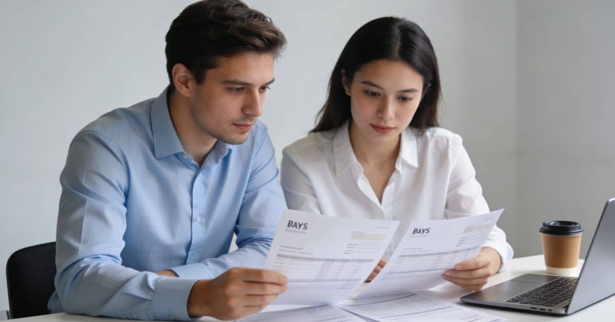 Jeune couple assis au bureau examinant des fiches de paie