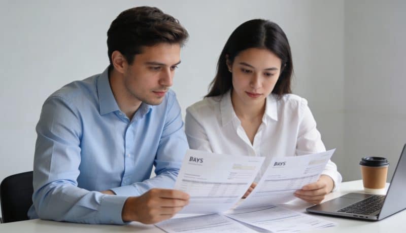 Jeune couple assis au bureau examinant des fiches de paie