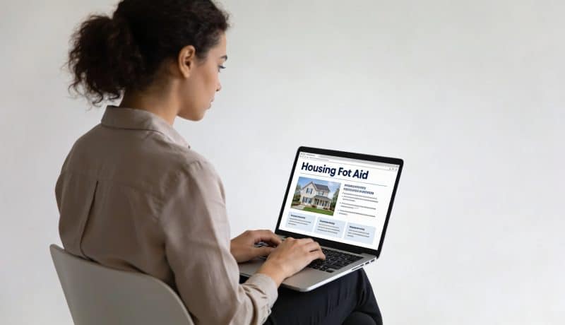 jeune femme assise devant ordinateur consultant aide logement