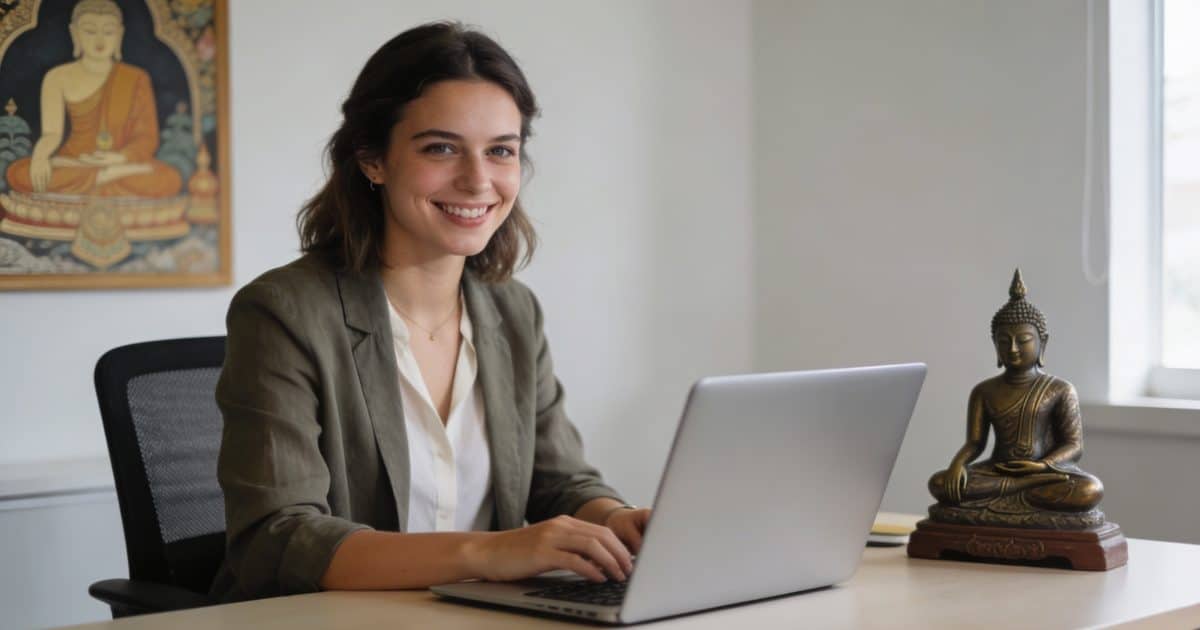 Jeune professionnelle francaise souriante travaillant dans bureau thailandais