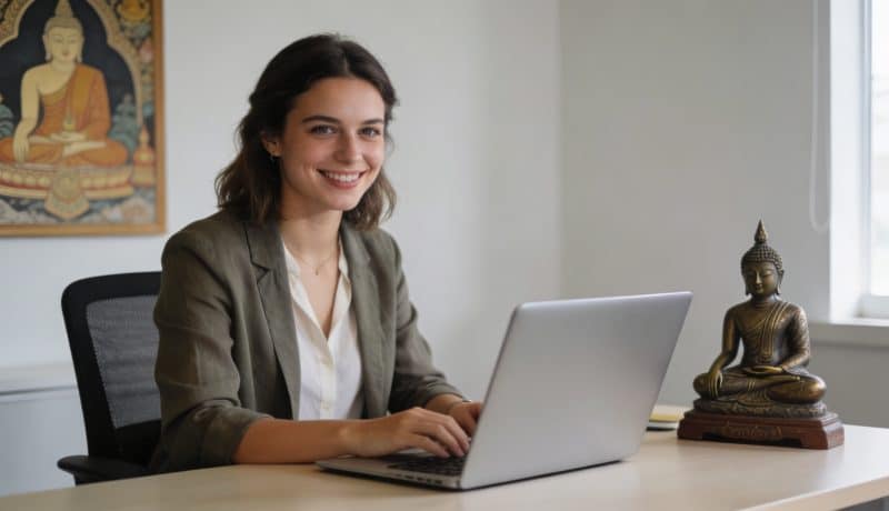 Jeune professionnelle francaise souriante travaillant dans bureau thailandais