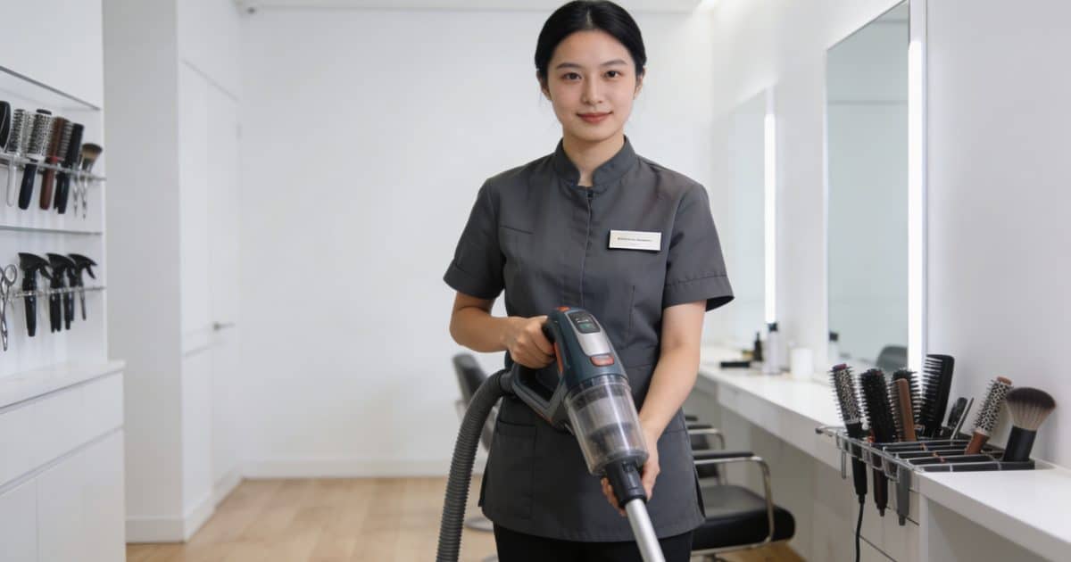 nettoyeur professionnel en uniforme depoussierant salon moderne