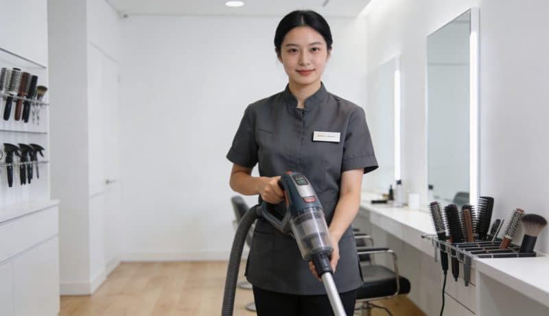 nettoyeur professionnel en uniforme depoussierant salon moderne
