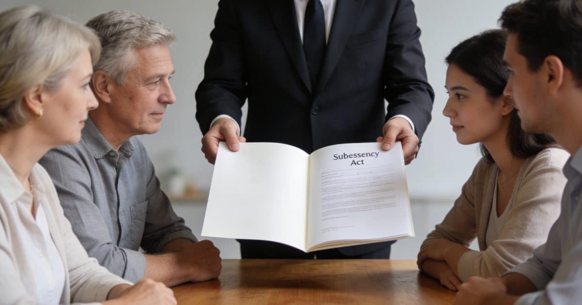 Notaire montrant acte de succession a une famille