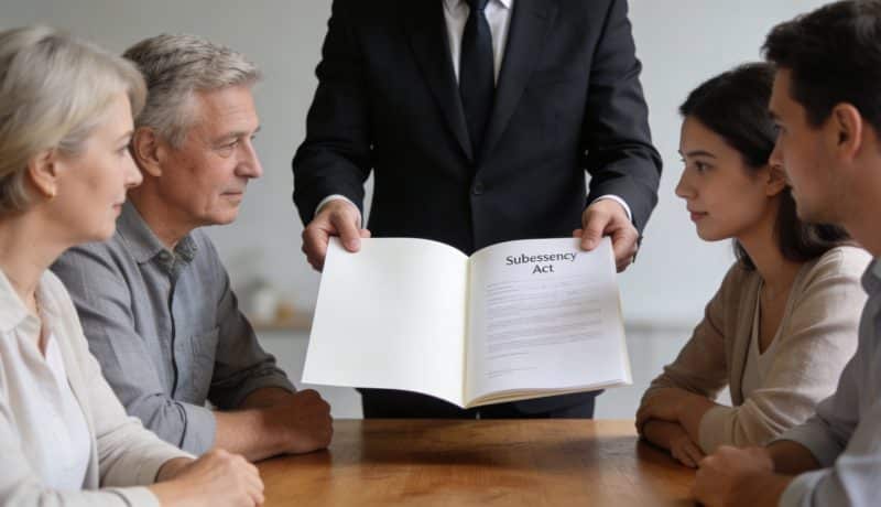 Notaire montrant acte de succession a une famille