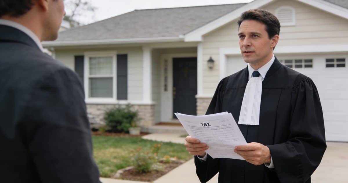 Notaire expliquant des documents fiscaux devant maison familiale