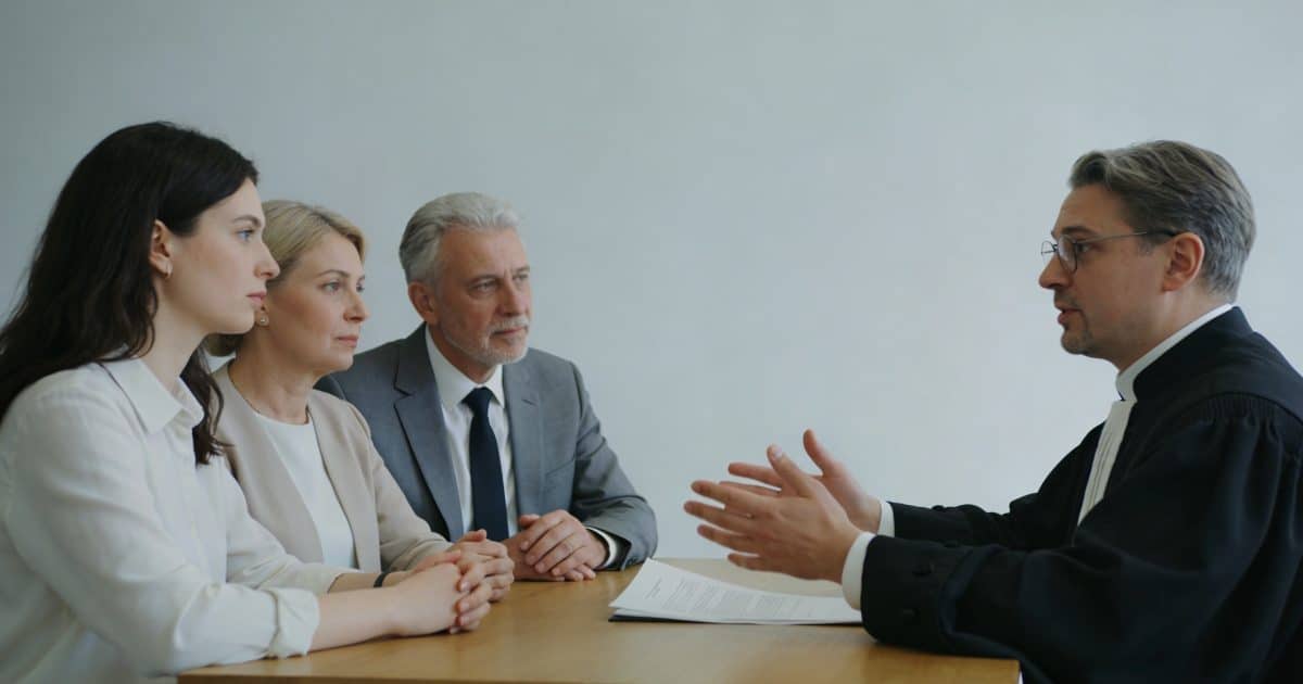 Notaire assis expliquant un testament a une famille