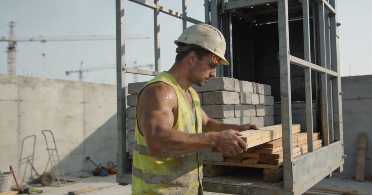 Ouvrier BTP chargeant materiaux dans monte charge chantier